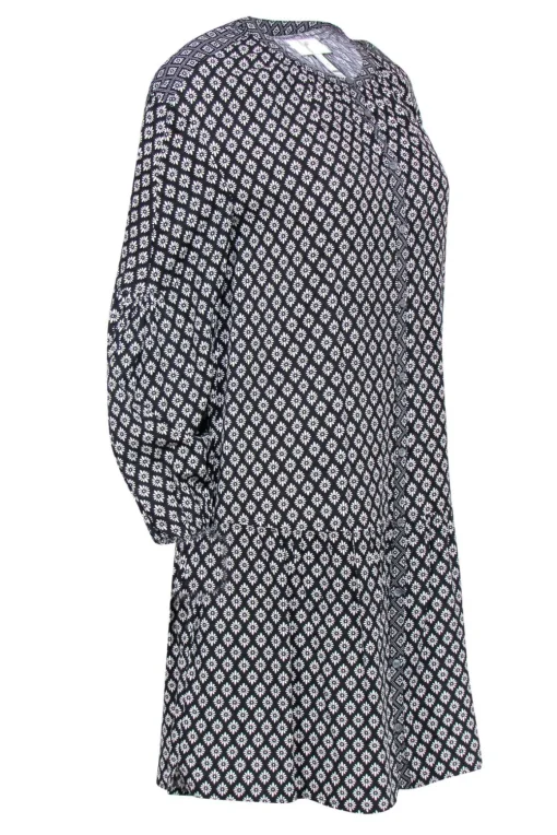 Joie - Black & White Floral Print Long Sleeve Button-Up Drop Waist Dress Sz S