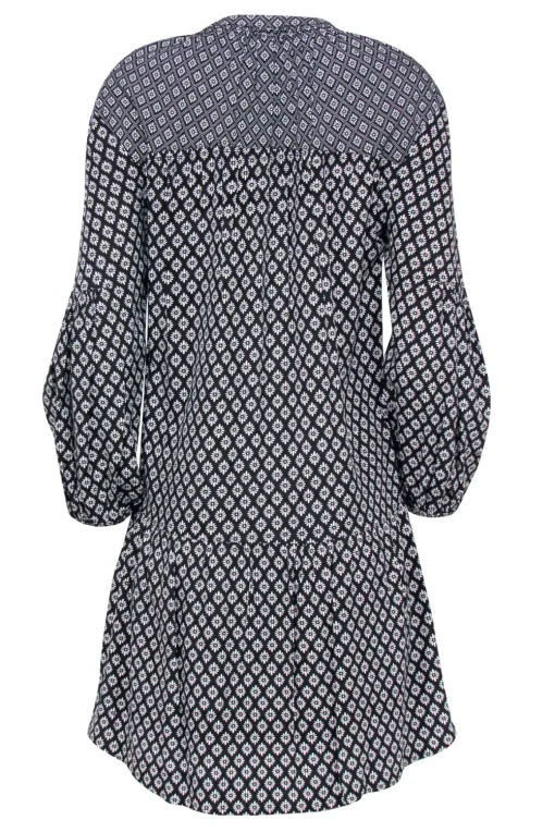 Joie - Black & White Floral Print Long Sleeve Button-Up Drop Waist Dress Sz S