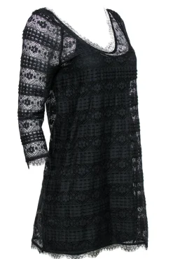 Joie - Black Lace Three-Quarter Sleeve Shift Dress Sz S