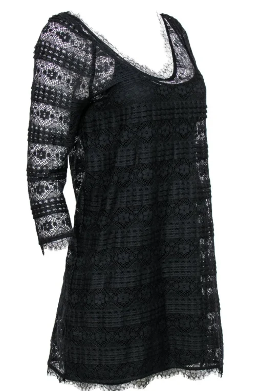 Joie - Black Lace Three-Quarter Sleeve Shift Dress Sz S