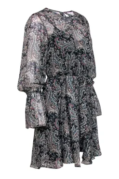 Joie - Black, Teal & Beige Paisley Print Bell Sleeve Dress w/ Metallic Threading Sz S