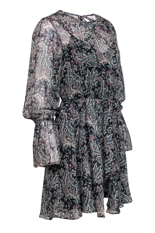 Joie - Black, Teal & Beige Paisley Print Bell Sleeve Dress w/ Metallic Threading Sz S