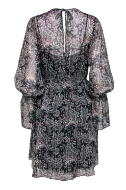 Joie - Black, Teal & Beige Paisley Print Bell Sleeve Dress w/ Metallic Threading Sz S