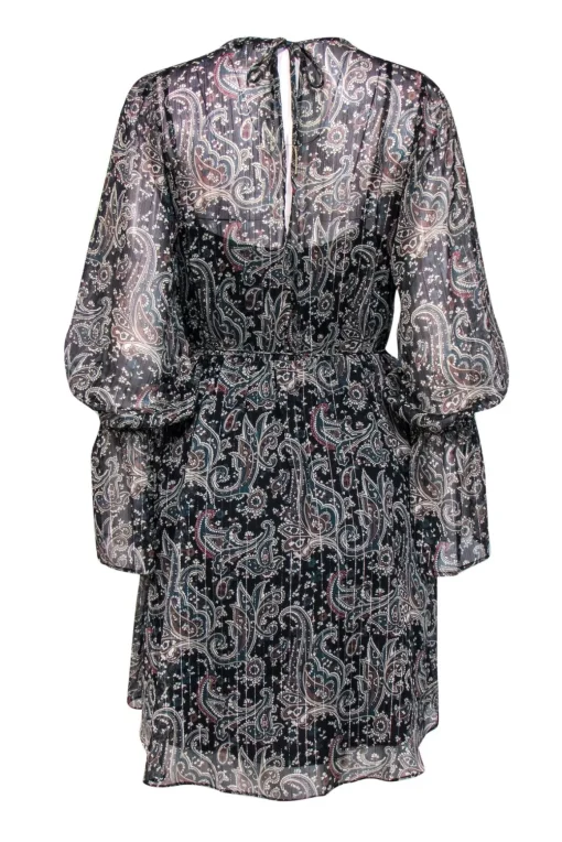 Joie - Black, Teal & Beige Paisley Print Bell Sleeve Dress w/ Metallic Threading Sz S