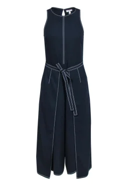 Joie - Navy Cropped Wide Leg Draped Jumpsuit w/ Tie & White Stitching Sz 2