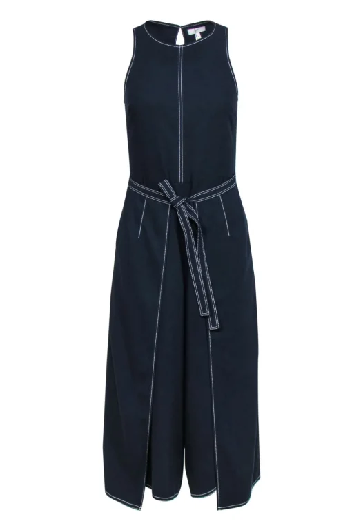 Joie - Navy Cropped Wide Leg Draped Jumpsuit w/ Tie & White Stitching Sz 2