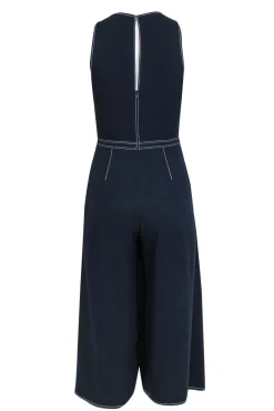 Joie - Navy Cropped Wide Leg Draped Jumpsuit w/ Tie & White Stitching Sz 2