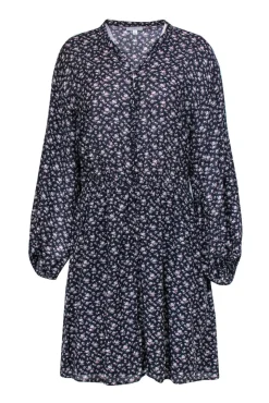 Joie - Navy Floral Print Long Sleeve Button-Front Shift Dress Sz L