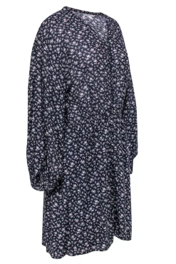 Joie - Navy Floral Print Long Sleeve Button-Front Shift Dress Sz L