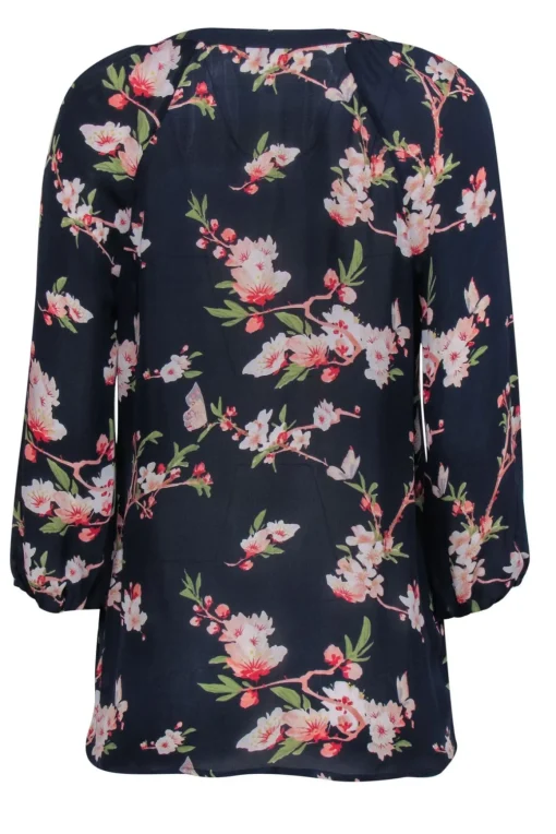 Joie - Navy Sheer Floral Print Button Down Silk Blouse Sz M