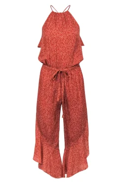 Joie - Orange & Beige Leaf Print Flared Belted Jumpsuit Sz XS
