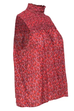 Joie - Red & Pink Patterned Silk Mock Neck Sleeveless Top Sz M