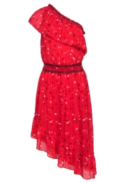 Joie - Red Asymmetrical One-Shoulder Floral Print Silk Dress Sz S