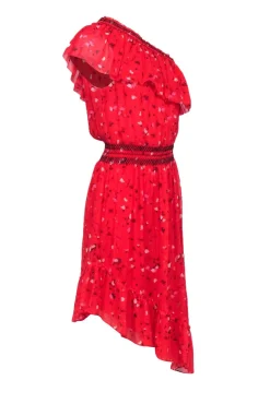 Joie - Red Asymmetrical One-Shoulder Floral Print Silk Dress Sz S