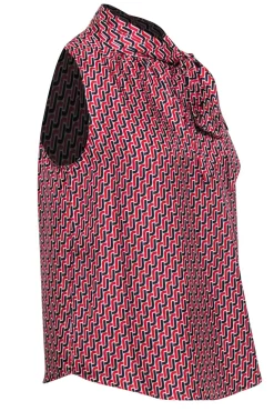 Joie - Red, Black & White Chain Pattern Silk Tie Front Blouse Sz S