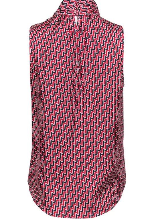 Joie - Red, Black & White Chain Pattern Silk Tie Front Blouse Sz S
