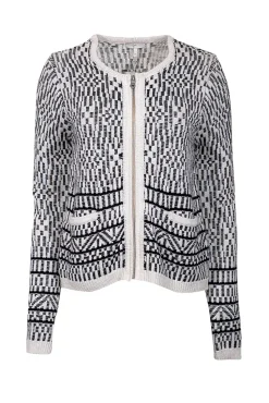 Joie - White & Black Print Knit Zipper Front Cardigan Sz M