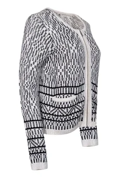 Joie - White & Black Print Knit Zipper Front Cardigan Sz M