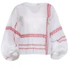 Joie - White Cotton Puff Sleeve Peasant Blouse w/ Red Stitching Sz XS