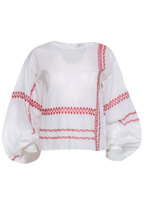 Joie - White Cotton Puff Sleeve Peasant Blouse w/ Red Stitching Sz XS