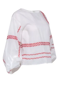 Joie - White Cotton Puff Sleeve Peasant Blouse w/ Red Stitching Sz XS