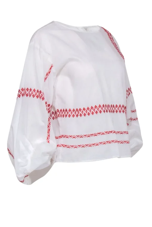 Joie - White Cotton Puff Sleeve Peasant Blouse w/ Red Stitching Sz XS