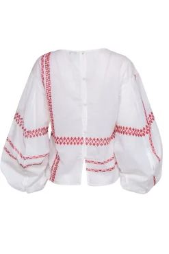 Joie - White Cotton Puff Sleeve Peasant Blouse w/ Red Stitching Sz XS