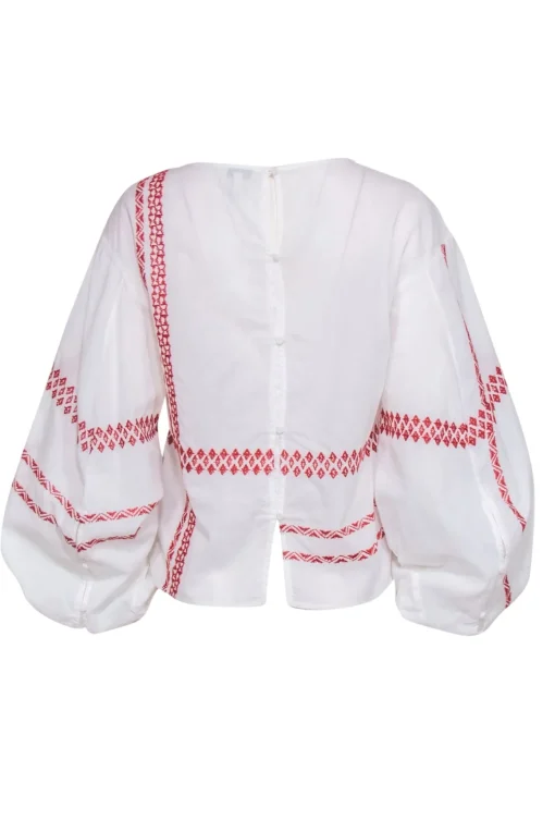 Joie - White Cotton Puff Sleeve Peasant Blouse w/ Red Stitching Sz XS