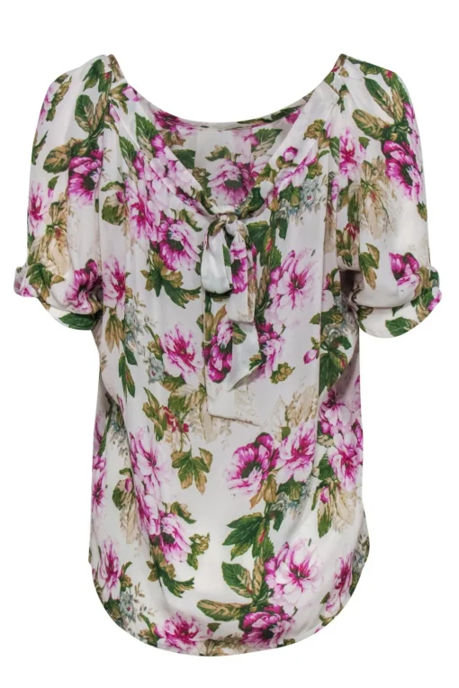 Joie - White Floral Silk Puffed Sleeve Top w/ Bow Sz S