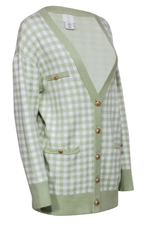 Joie- Light Green & White Gingham Print Cardigan Sz M
