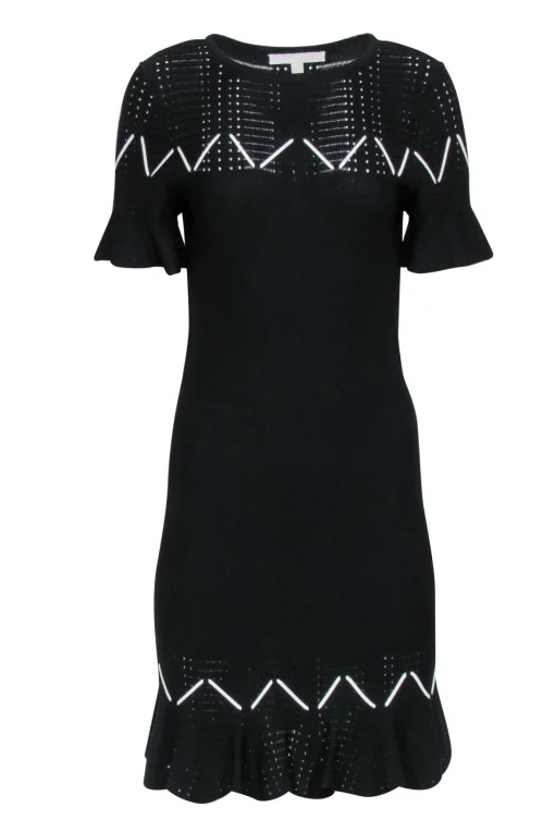 Jonathan Simkhai - Black Knit Short Sleeve Dress w/ White Weaving Details Sz M