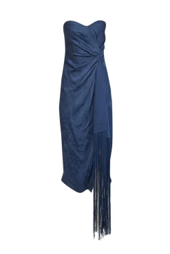 Jonathan Simkhai - Dark Blue Paisley Satin Jacquard Dress w/ Fringe Sz 4