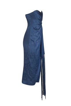 Jonathan Simkhai - Dark Blue Paisley Satin Jacquard Dress w/ Fringe Sz 4