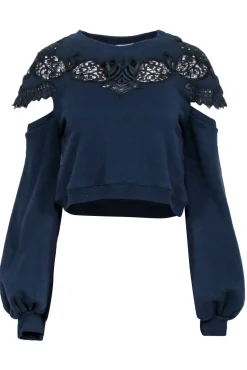Jonathan Simkhai - Navy Lace Long Sleeve Sweatshirt w/ Shoulder Cut Outs Sz XS