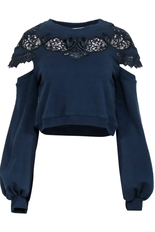 Jonathan Simkhai - Navy Lace Long Sleeve Sweatshirt w/ Shoulder Cut Outs Sz XS