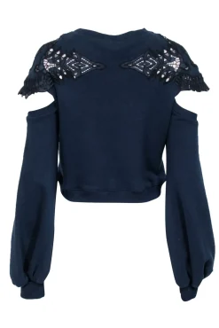 Jonathan Simkhai - Navy Lace Long Sleeve Sweatshirt w/ Shoulder Cut Outs Sz XS