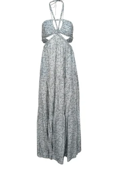 Jonathan Simkhai - Sage Green & White Leaf Print Tiered Halter Dress Sz S