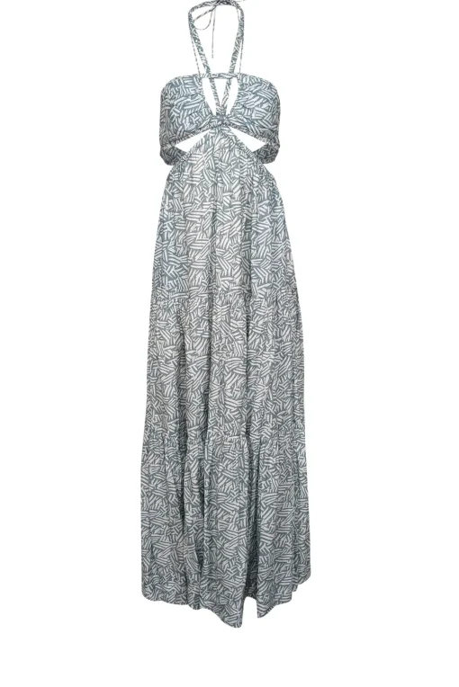 Jonathan Simkhai - Sage Green & White Leaf Print Tiered Halter Dress Sz S