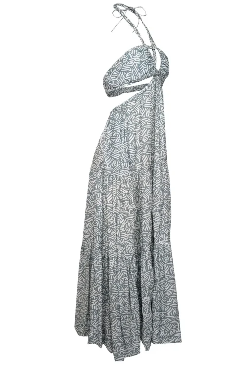Jonathan Simkhai - Sage Green & White Leaf Print Tiered Halter Dress Sz S