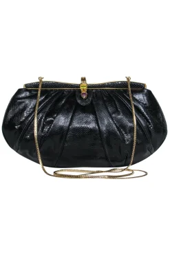 Judith Leiber – Black Snakeskin w/ Purple & Green Gem Clasp Clutch