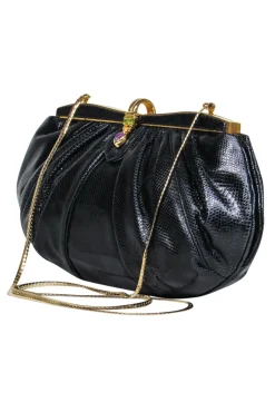Judith Leiber – Black Snakeskin w/ Purple & Green Gem Clasp Clutch