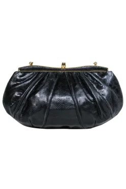 Judith Leiber – Black Snakeskin w/ Purple & Green Gem Clasp Clutch