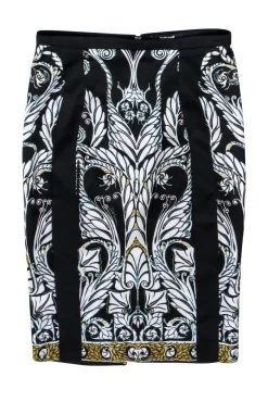 Just Cavalli - Black w/ White & Gold Abstract Paisley Print Satin Skirt Sz 4