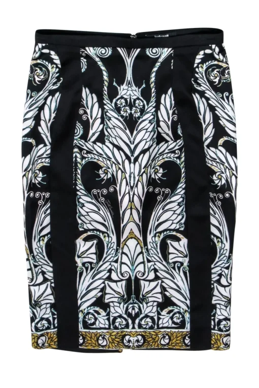 Just Cavalli - Black w/ White & Gold Abstract Paisley Print Satin Skirt Sz 4