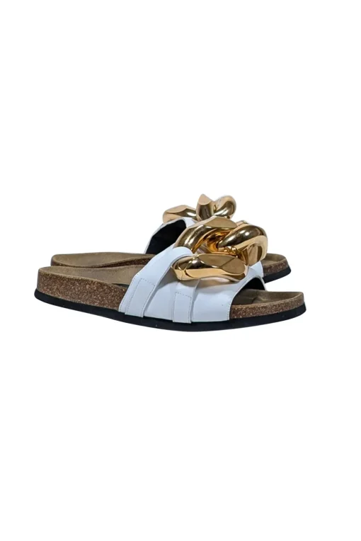 JW Anderson - Ivory Leather Upper Slide Sandals w/ Large Chunky Gold Chain Trim Sz 7