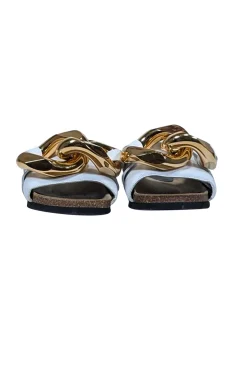 JW Anderson - Ivory Leather Upper Slide Sandals w/ Large Chunky Gold Chain Trim Sz 7