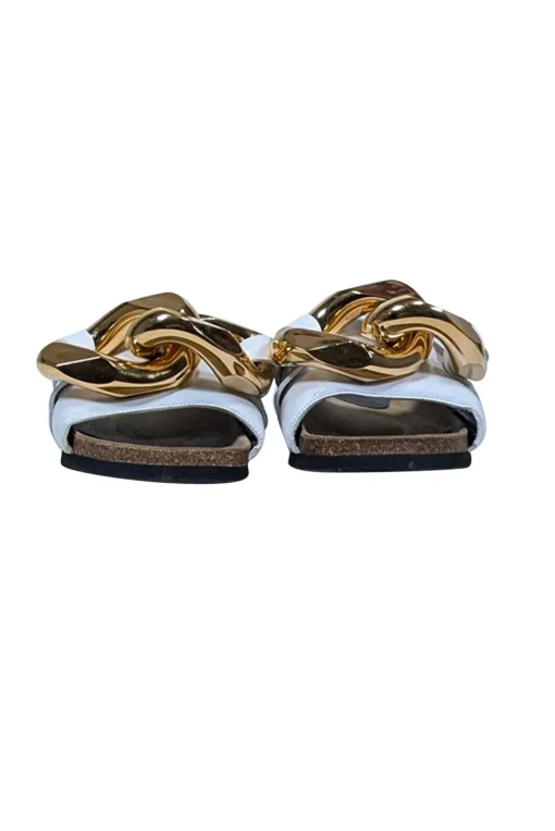 JW Anderson - Ivory Leather Upper Slide Sandals w/ Large Chunky Gold Chain Trim Sz 7