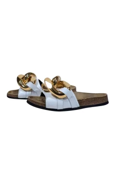 JW Anderson - Ivory Leather Upper Slide Sandals w/ Large Chunky Gold Chain Trim Sz 7
