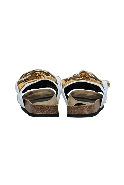 JW Anderson - Ivory Leather Upper Slide Sandals w/ Large Chunky Gold Chain Trim Sz 7