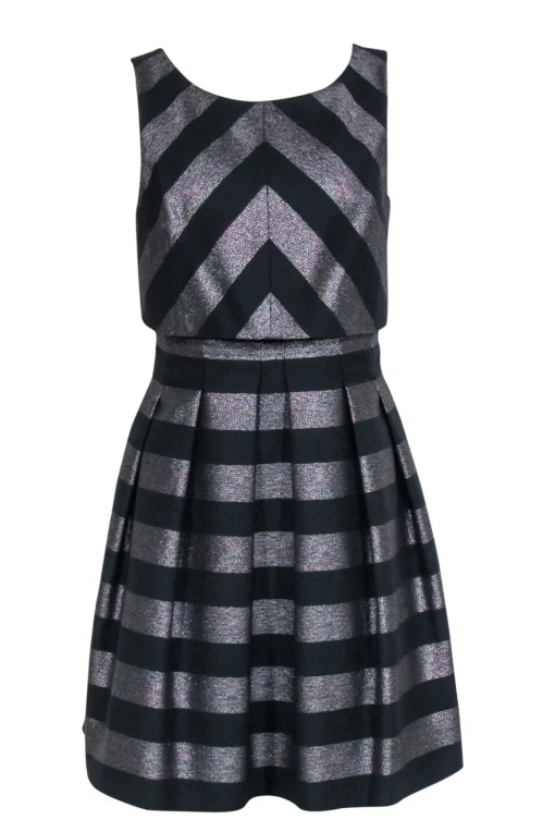 Karen Millen - Black & Metallic Stripe Dress Sz 6